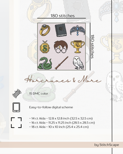 Embroidery design pack with Harry Potter-themed icons and stitching information.