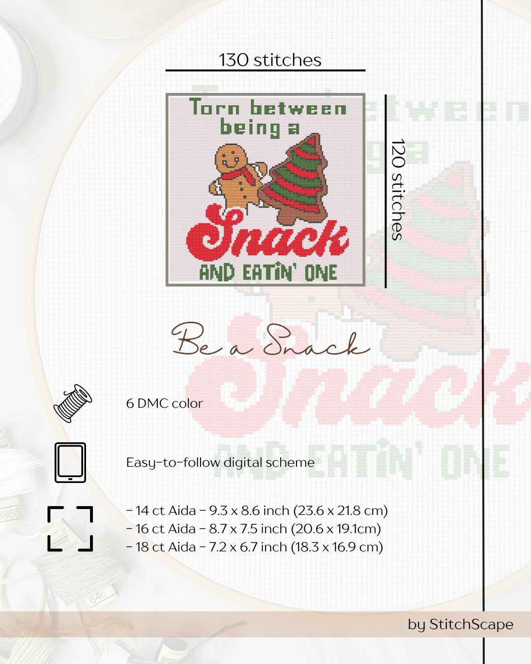 Embroidery design with text 'Torn between being a snack and eatin' one' and gingerbread characters on a white background.