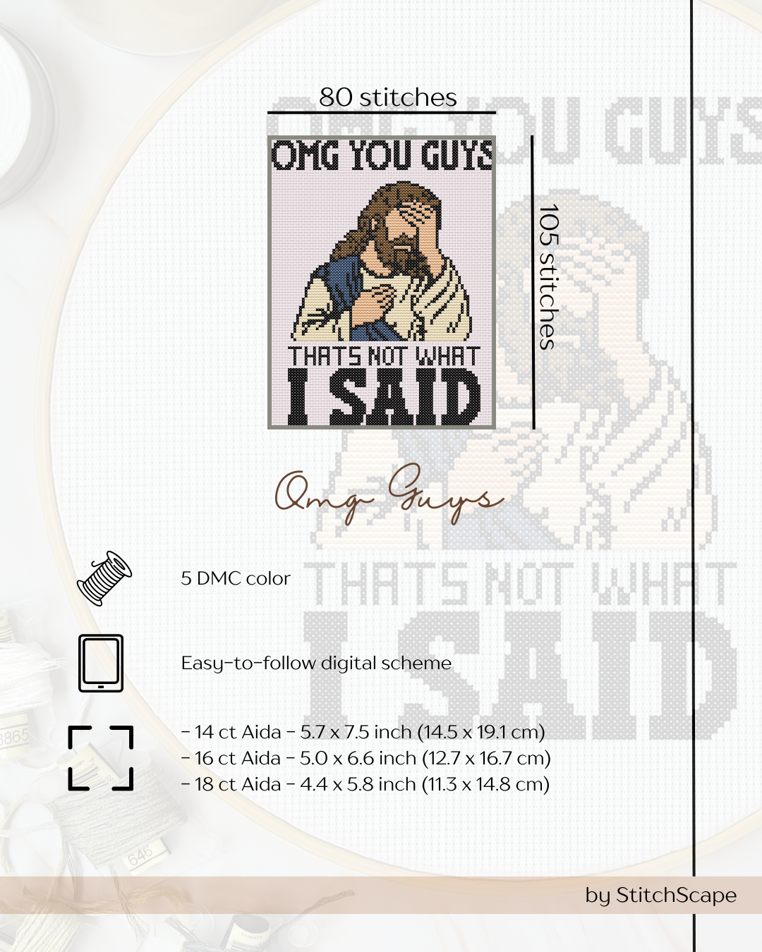 Cross-stitch pattern with text 'OMG YOU GUYS THAT'S NOT WHAT I SAID' by StitchScape.