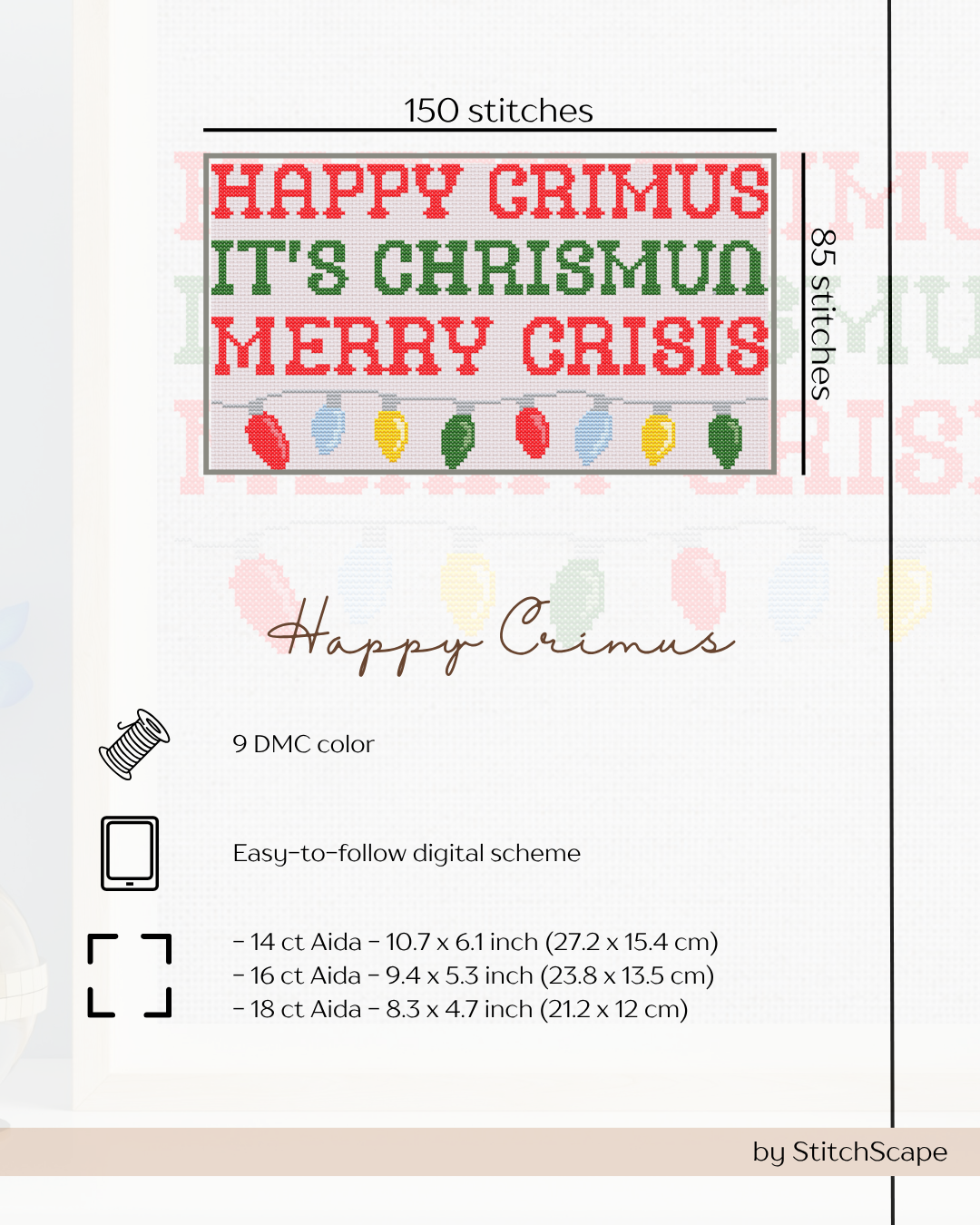 Embroidery design with text 'Happy Grimus It's Chrismun Merry Crisis' and Christmas lights, by StitchScape.