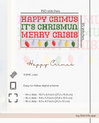 Embroidery design with text 'Happy Grimus It's Chrismun Merry Crisis' and Christmas lights, by StitchScape.