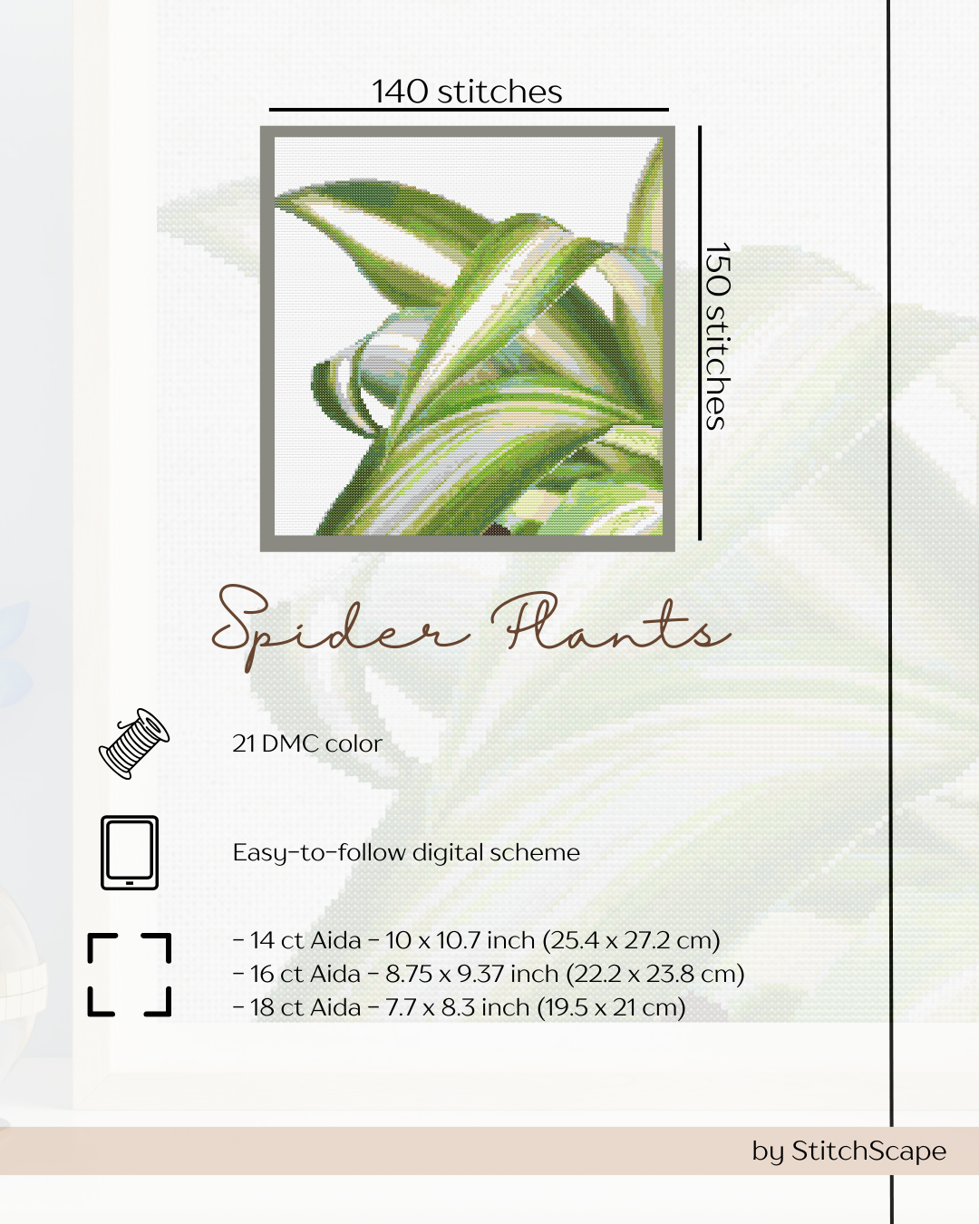Spider plant design with stitching details on a white background