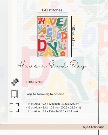 Embroidery kit packaging with 'Have a Good Day' text and floral design, featuring StitchScape branding.