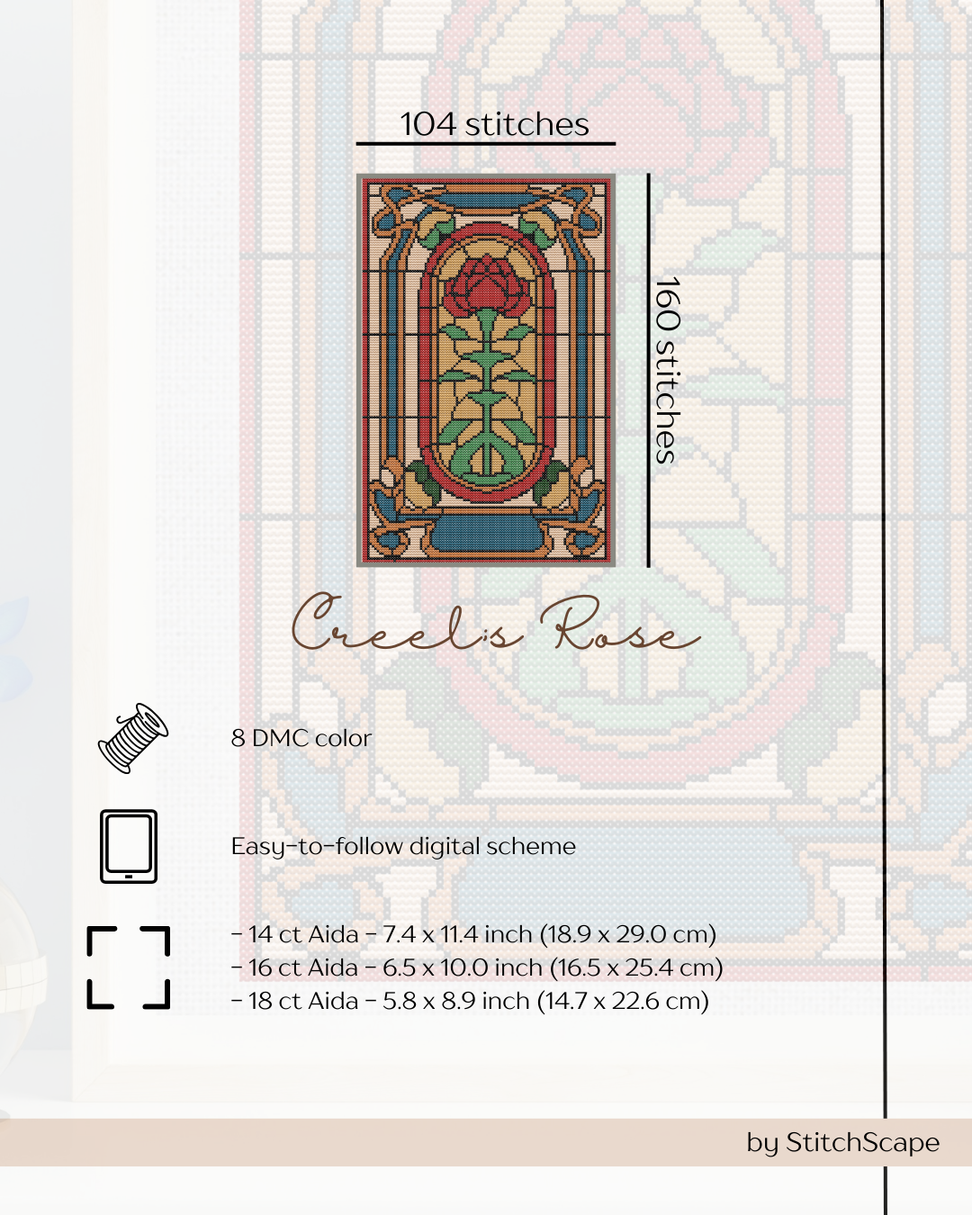 Cross-stitch pattern with rose design and Creel's Rose branding on a light background.