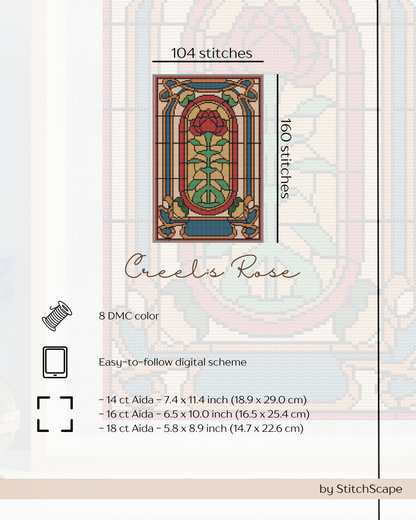 Cross-stitch pattern with rose design and Creel's Rose branding on a light background.