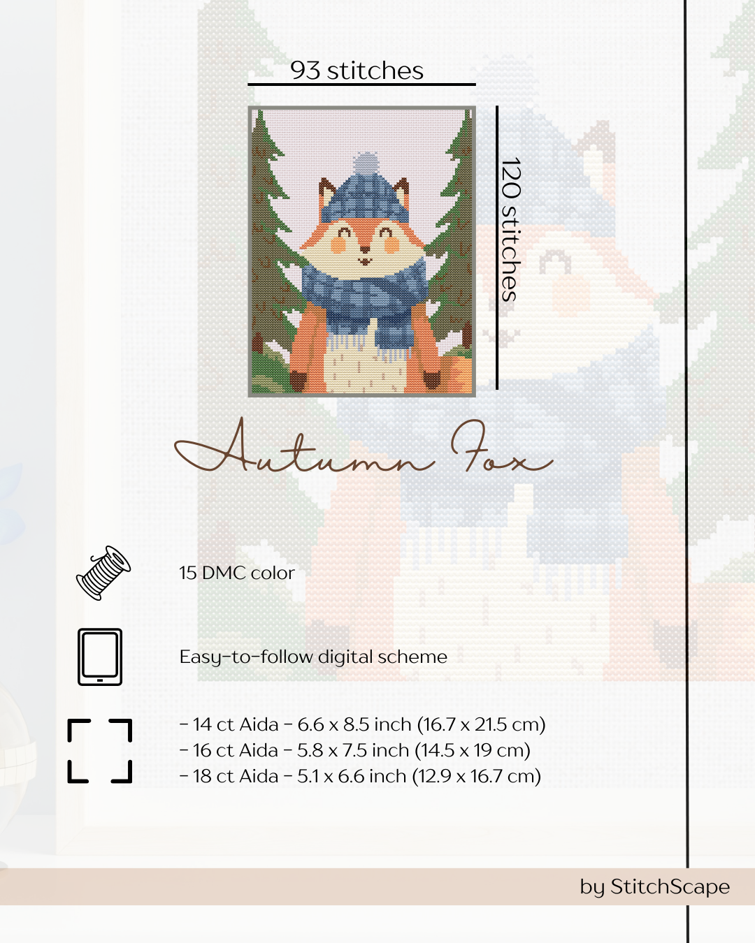 Cross-stitch pattern for an autumn fox design with details on stitches, color, and fabric sizes.