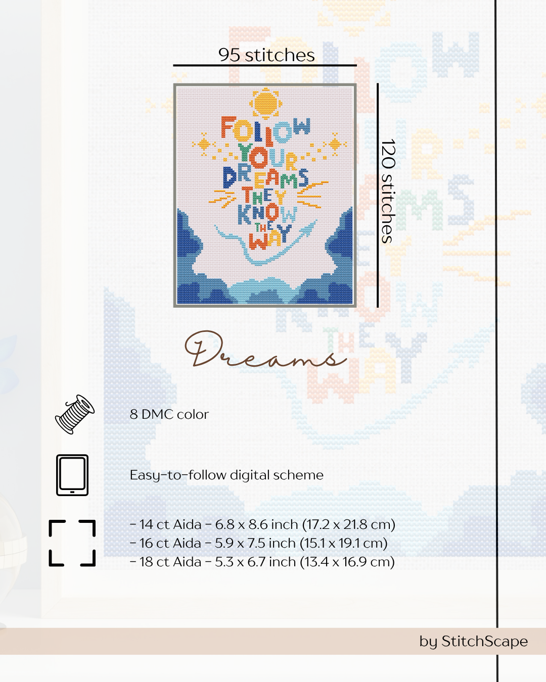 Embroidery design with 'Follow Your Dreams, They Know the Way' text on a white background.