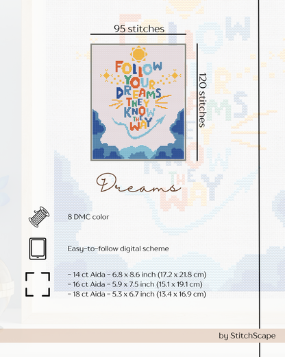 Embroidery design with 'Follow Your Dreams, They Know the Way' text on a white background.