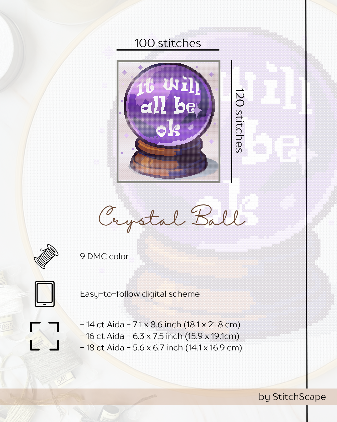 Cross-stitch pattern for a crystal ball with text 'It will all be ok' on a white background.