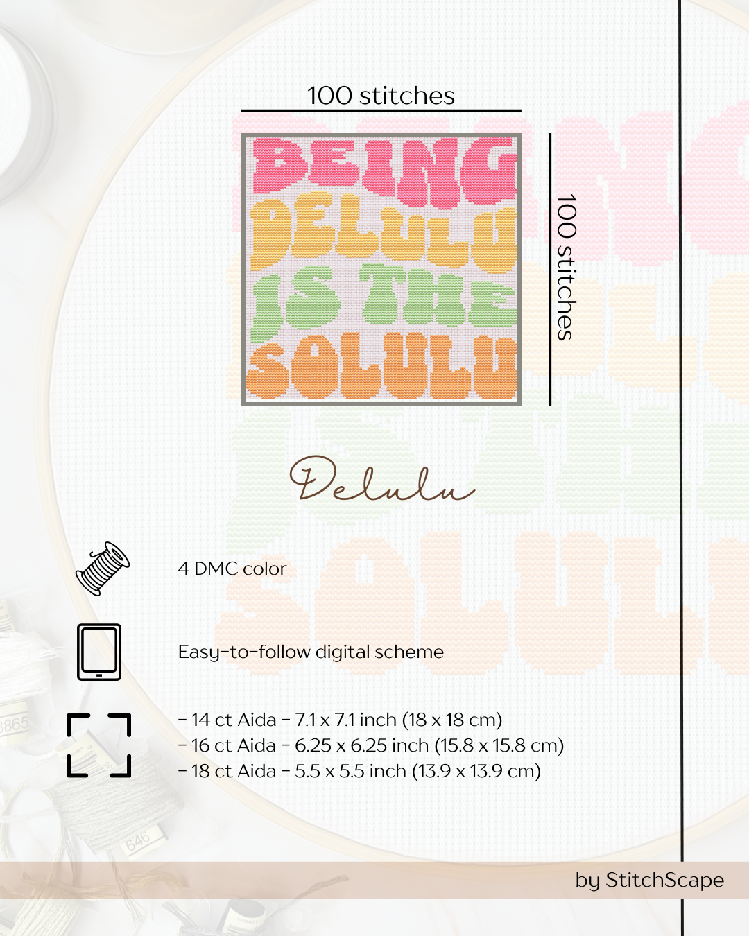 Stitching pattern with text 'Being Delulu is the Solution' and details about fabric sizes and colors.