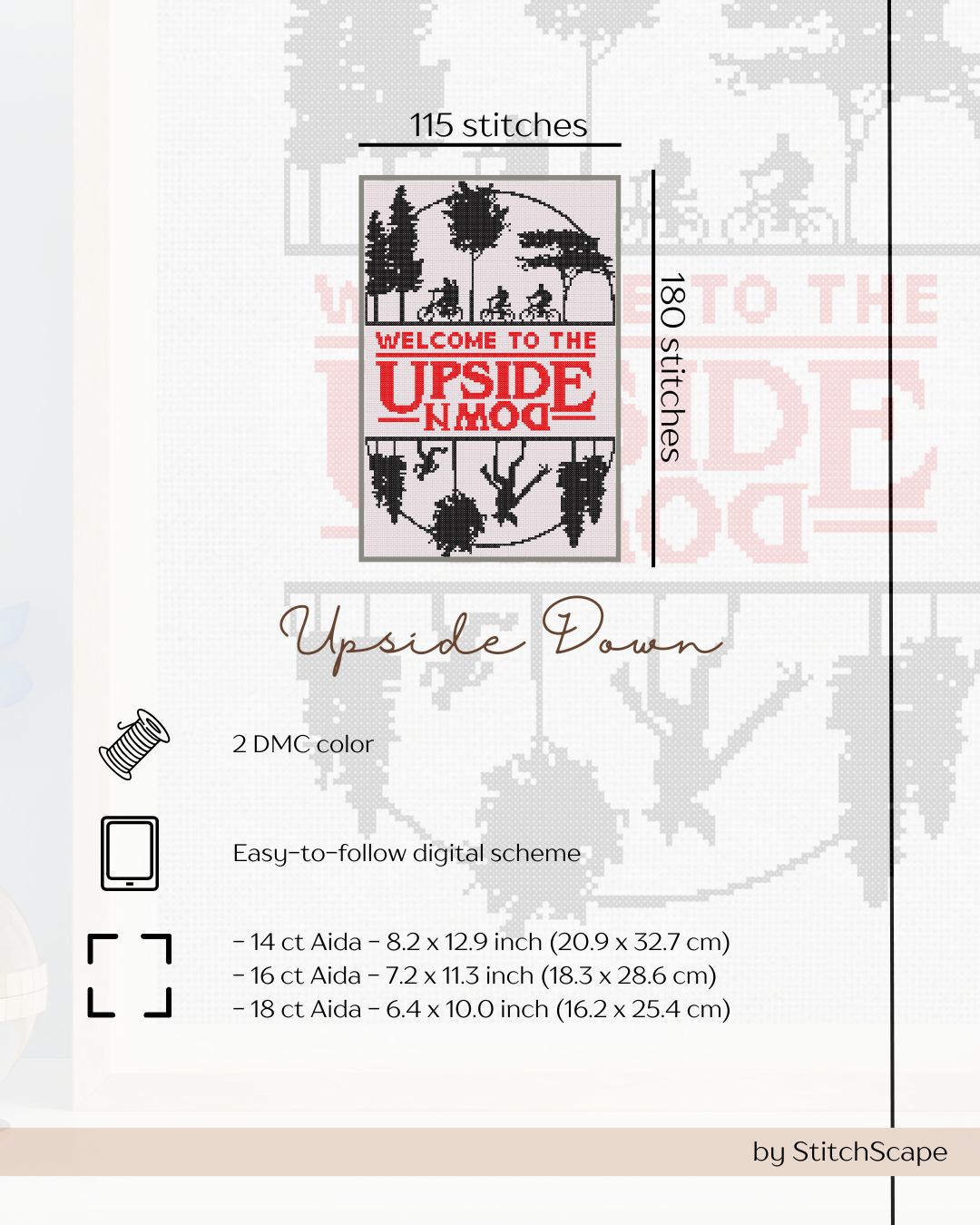 Stitch pattern guide for 'Welcome to the Upside Down' with text and graphics on a white background.