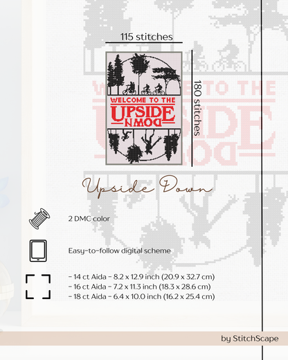 Stitch pattern guide for 'Welcome to the Upside Down' with text and graphics on a white background.