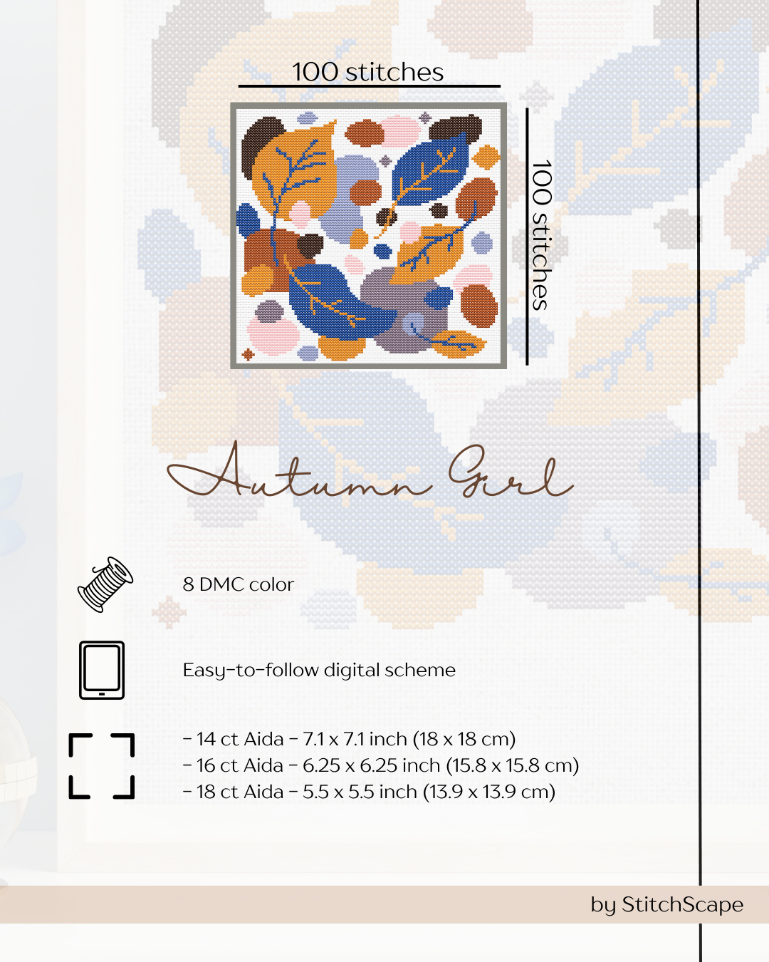 Stitching pattern card for 'Autumn Girl' with leaf design and product details.