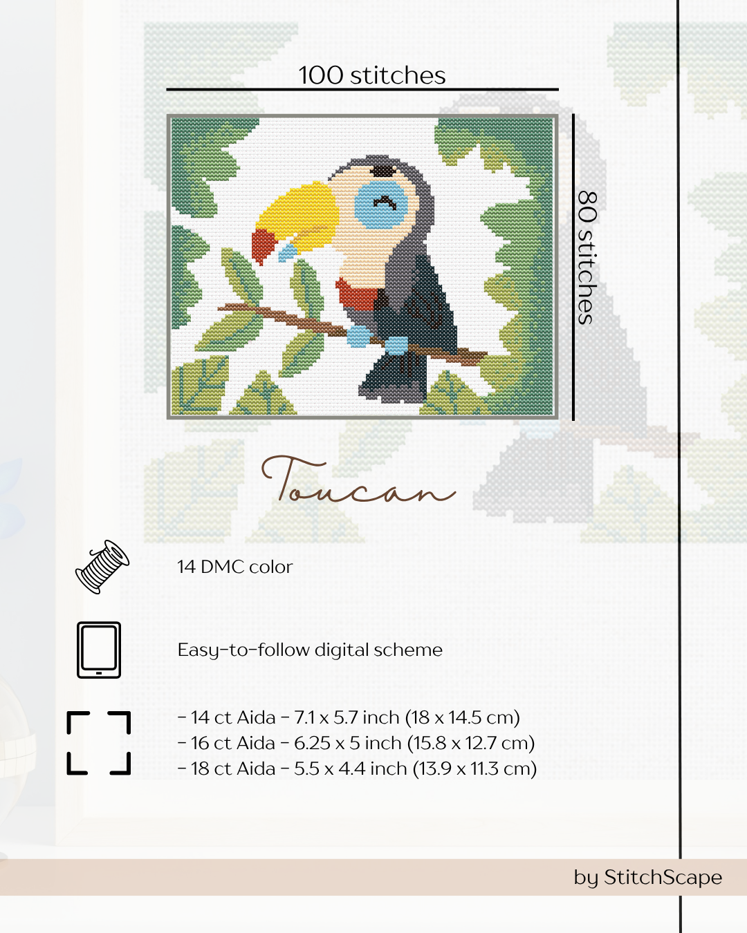 Cross-stitch pattern for a toucan on a white background with text and branding details.
