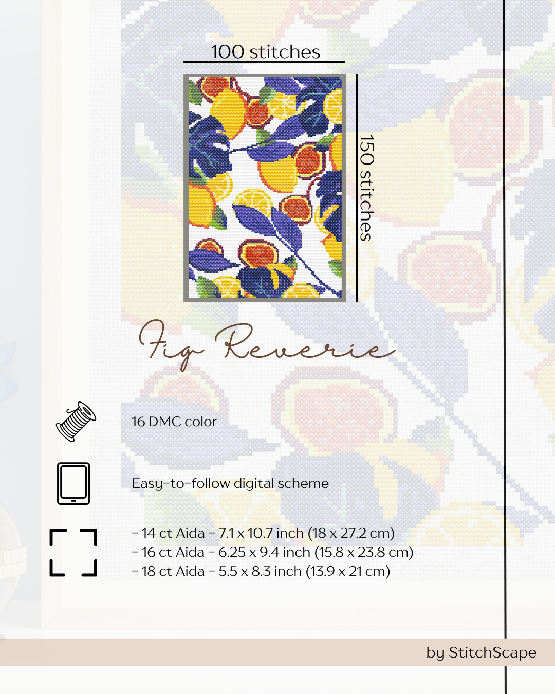 Stitching pattern card for 'Fig Reverie' with floral design and stitching details.