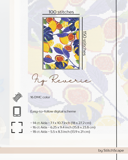Stitching pattern card for 'Fig Reverie' with floral design and stitching details.