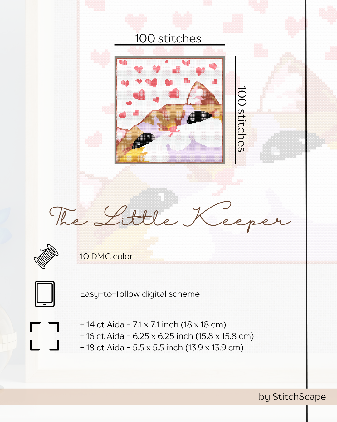 Embroidery kit packaging with a cat design and product details.