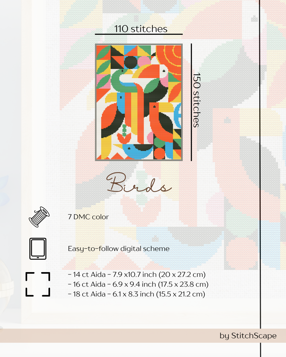 Stitching pattern card with colorful bird design and stitching details.