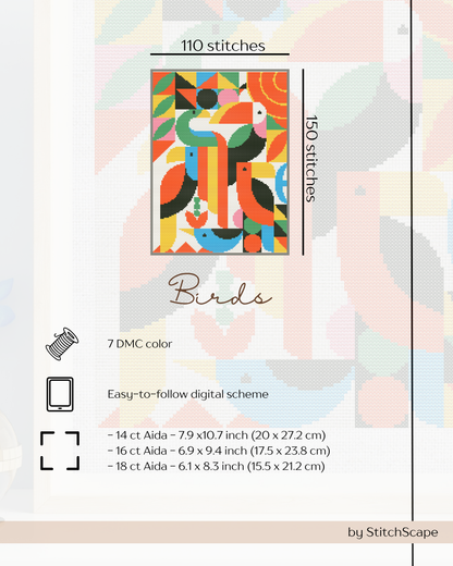 Stitching pattern card with colorful bird design and stitching details.