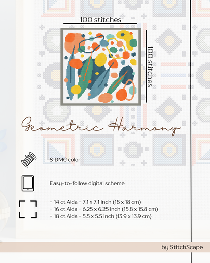 Stitching pattern guide for 'Geometric Harmony' with colorful design and stitching details.