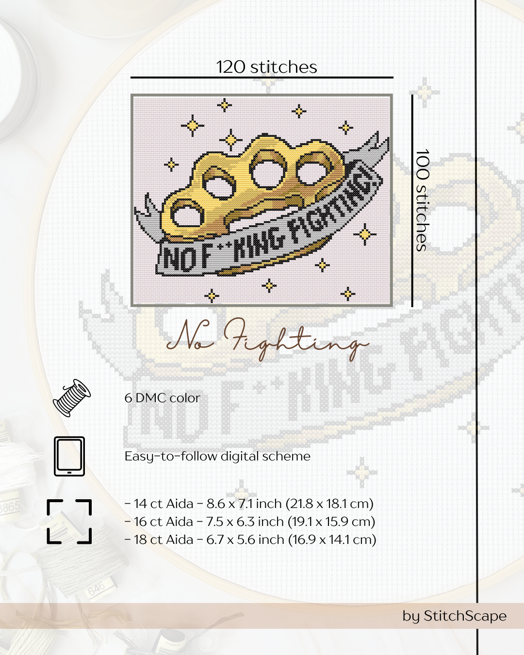 Embroidery design with a text 'No F**king Fighting' on a white background.