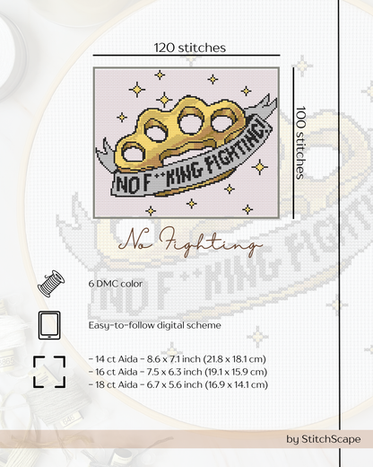 Embroidery design with a text 'No F**king Fighting' on a white background.