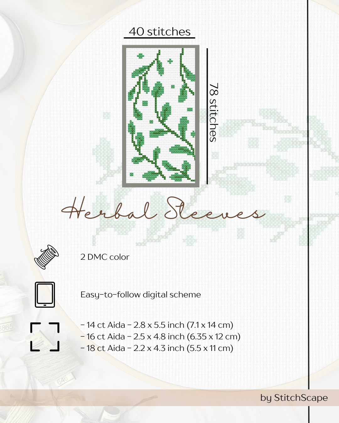 Cross-stitch pattern for 'Herbal Sleeves' with details on stitches, color, and fabric sizes.