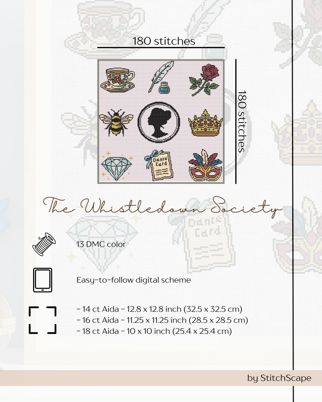 Design pack for cross-stitching with various symbols and 'The Whistledown Society' branding.