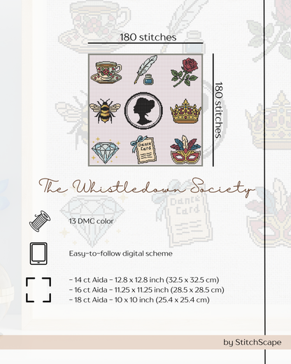 Design pack for cross-stitching with various symbols and 'The Whistledown Society' branding.