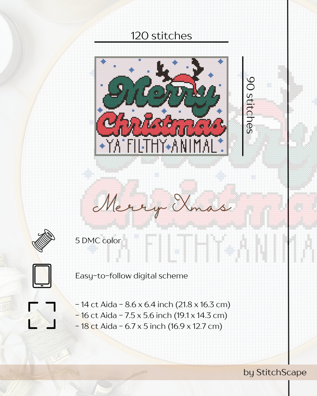Embroidery design with 'Merry Christmas Ya Filthy Animal' text on a white background
