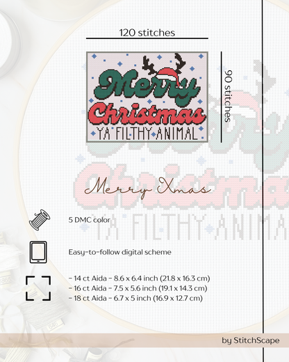 Embroidery design with 'Merry Christmas Ya Filthy Animal' text on a white background