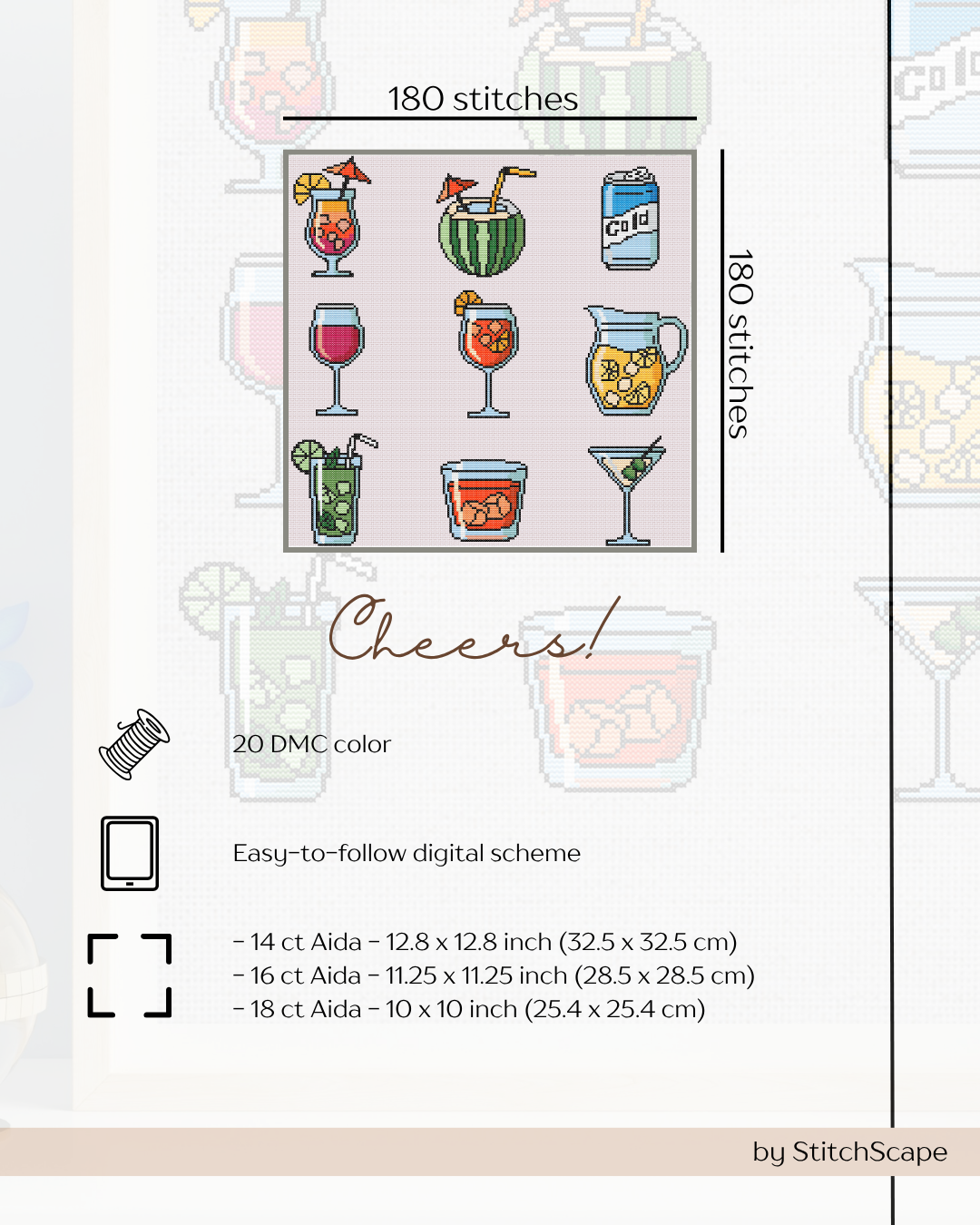 Pattern for embroidery with various drinks and text 'Cheer!' on a white background.