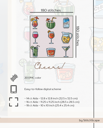 Pattern for embroidery with various drinks and text 'Cheer!' on a white background.
