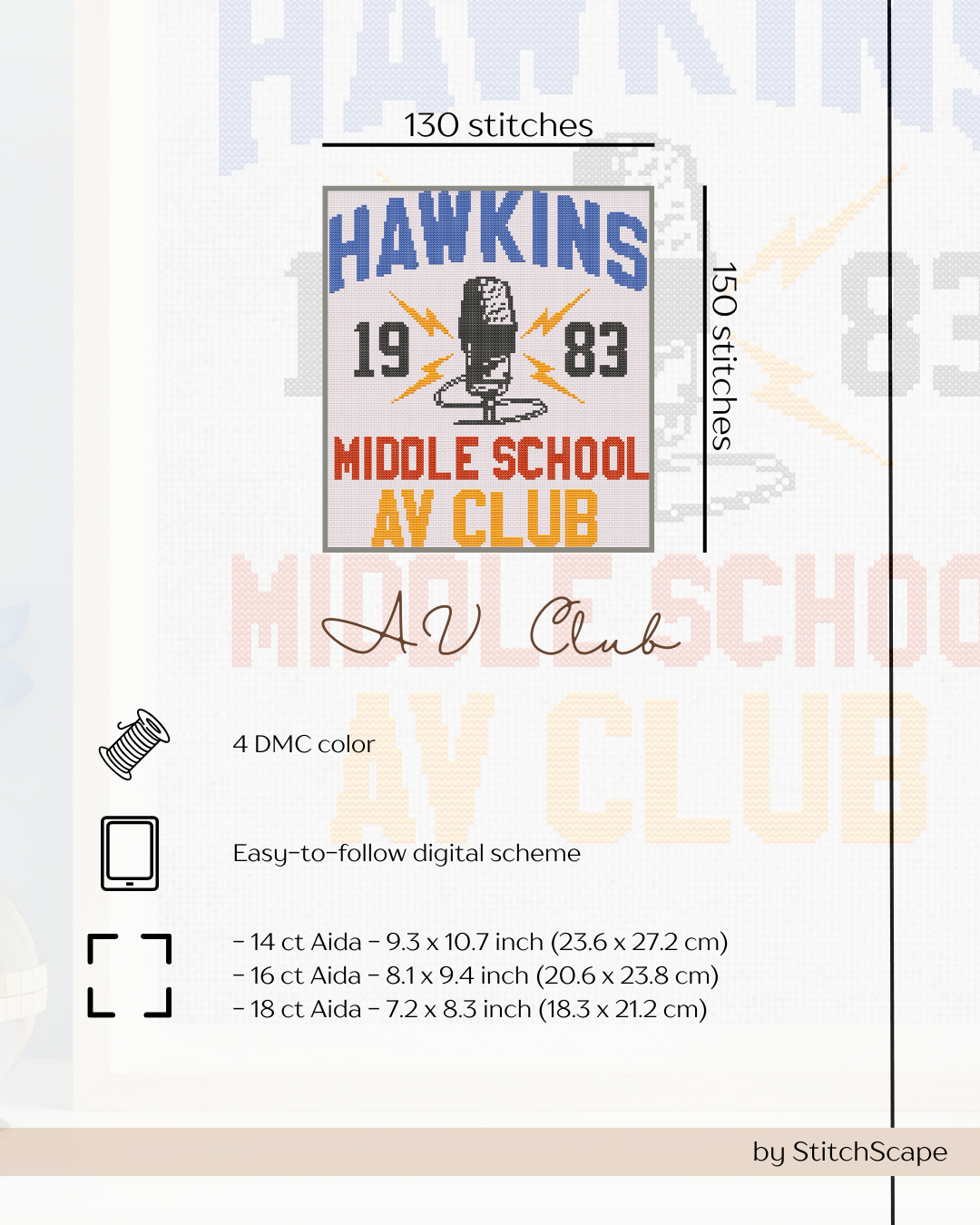 Hawkins Middle School AV Club embroidery design with stitch count and color information.