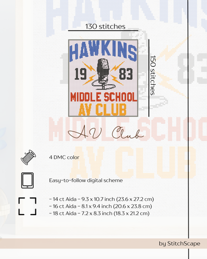 Hawkins Middle School AV Club embroidery design with stitch count and color information.