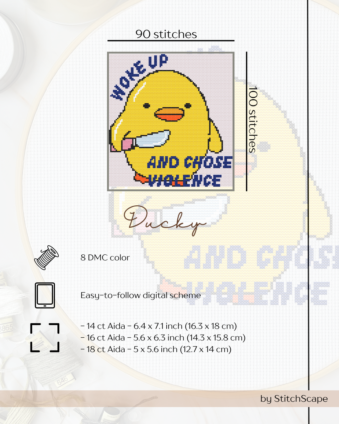 Cross-stitch pattern with a yellow duck character and text on a white background