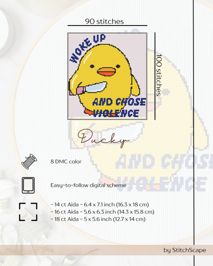 Cross-stitch pattern with a yellow duck character and text on a white background
