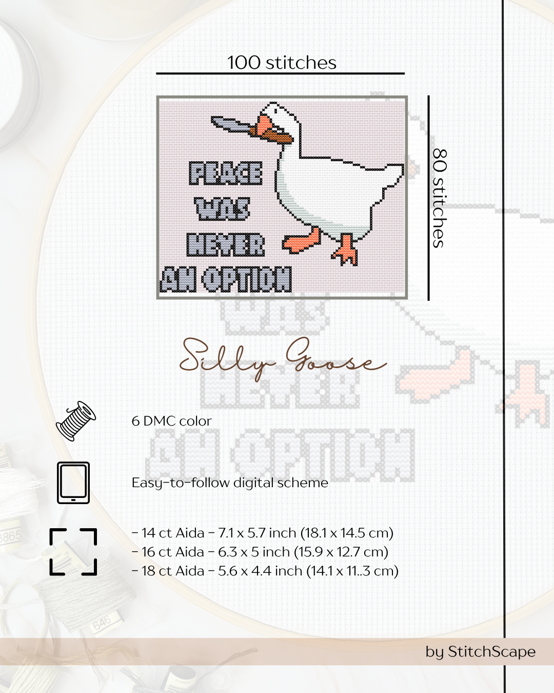Embroidery design with a goose and text 'Peace was never an option' on a white background.