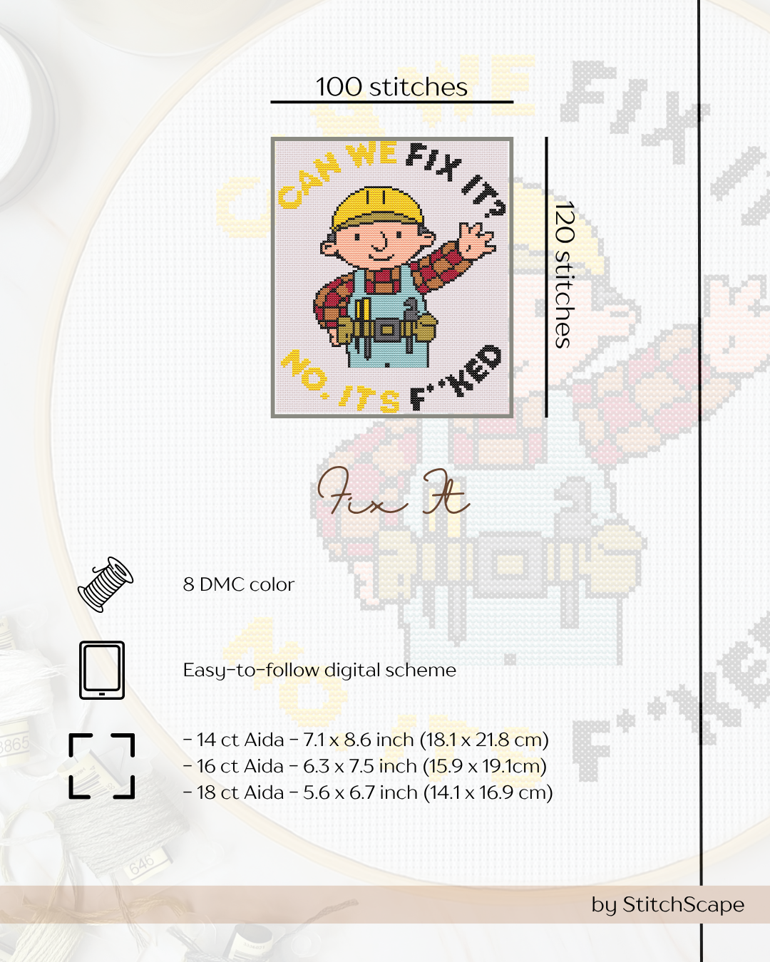 Embroidery design with a cartoon character and text on a white background