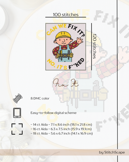 Embroidery design with a cartoon character and text on a white background
