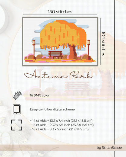 Cross-stitch pattern for 'Autumn Park' with tree, bench, and lanterns on a white background.