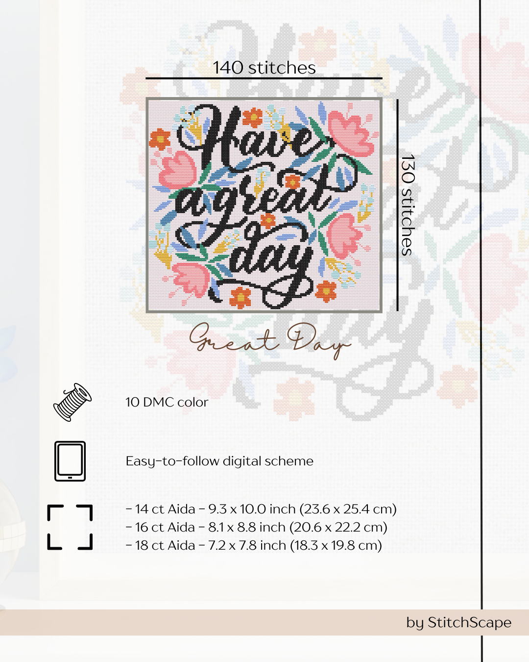 Stitch pattern with floral text design and stitching information on a white background
