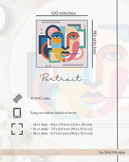 Stitch pattern for a portrait with color swatches and dimensions on a white background
