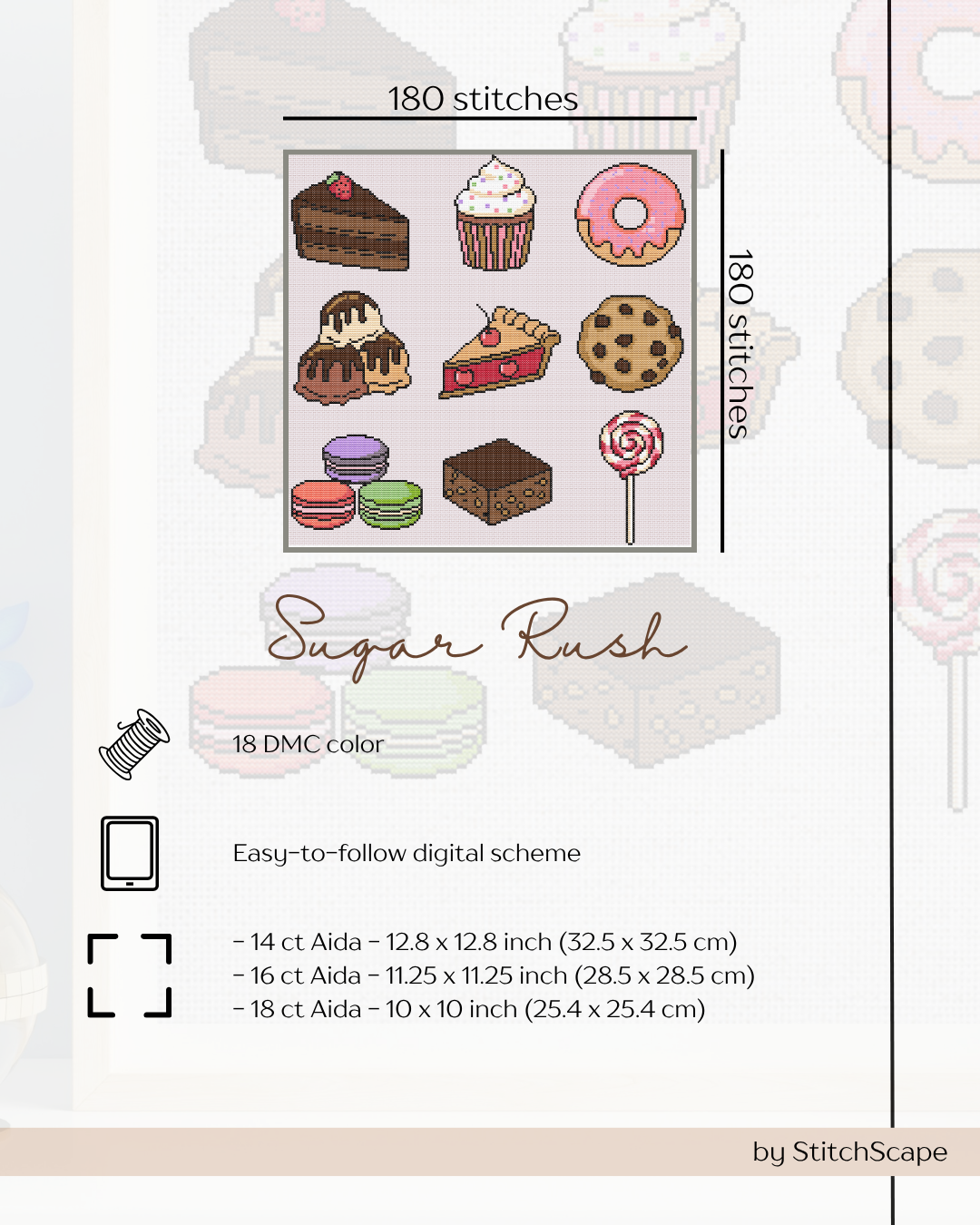 Stitching pattern for desserts with 'Sugar Rush' branding and details on fabric sizes.