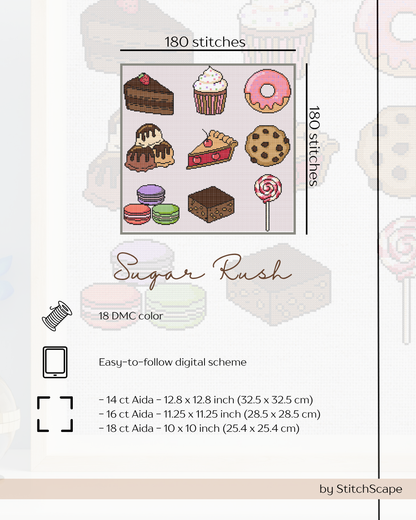 Stitching pattern for desserts with 'Sugar Rush' branding and details on fabric sizes.