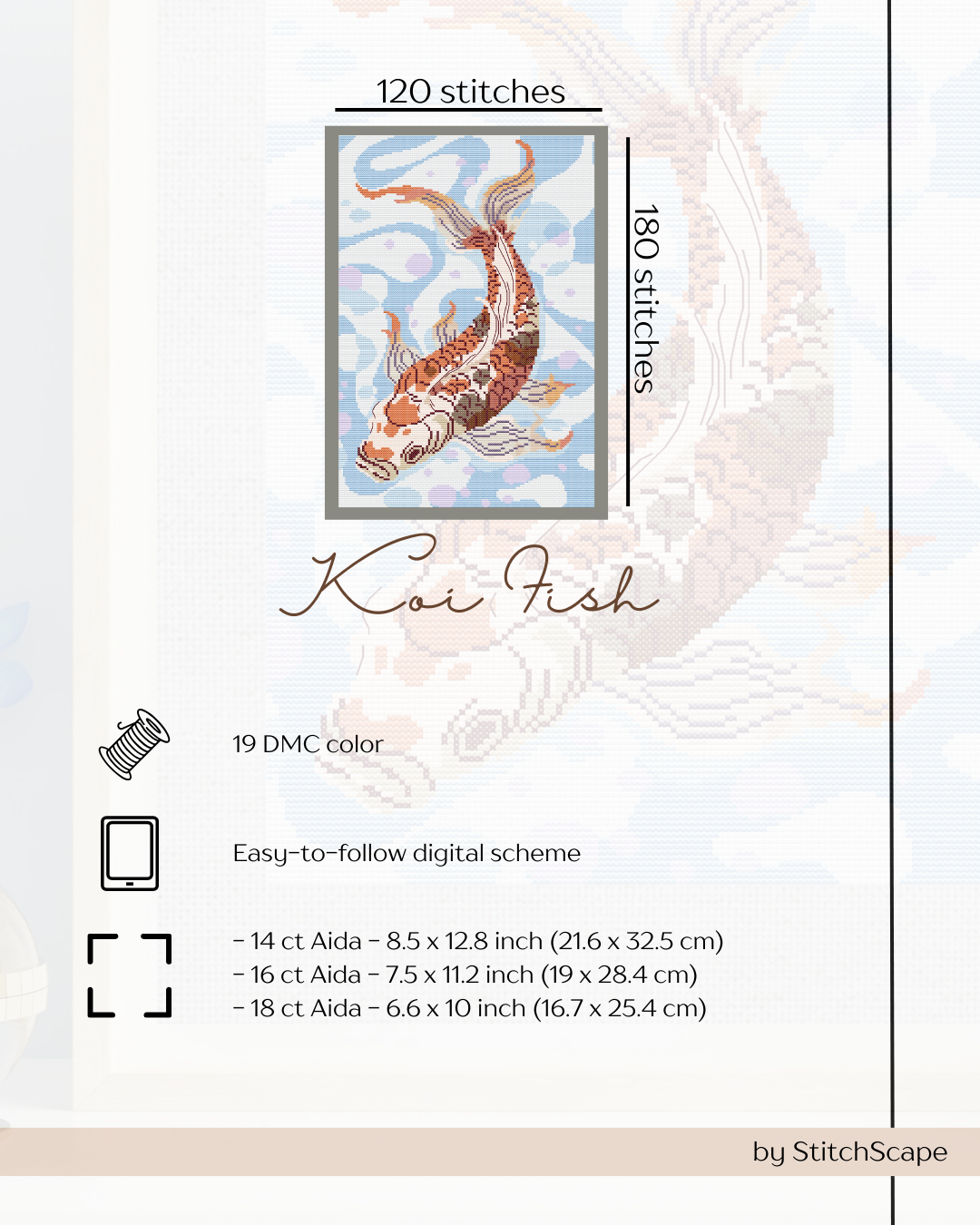 Koi fish cross-stitch pattern with stitch count, color information, and fabric size details.
