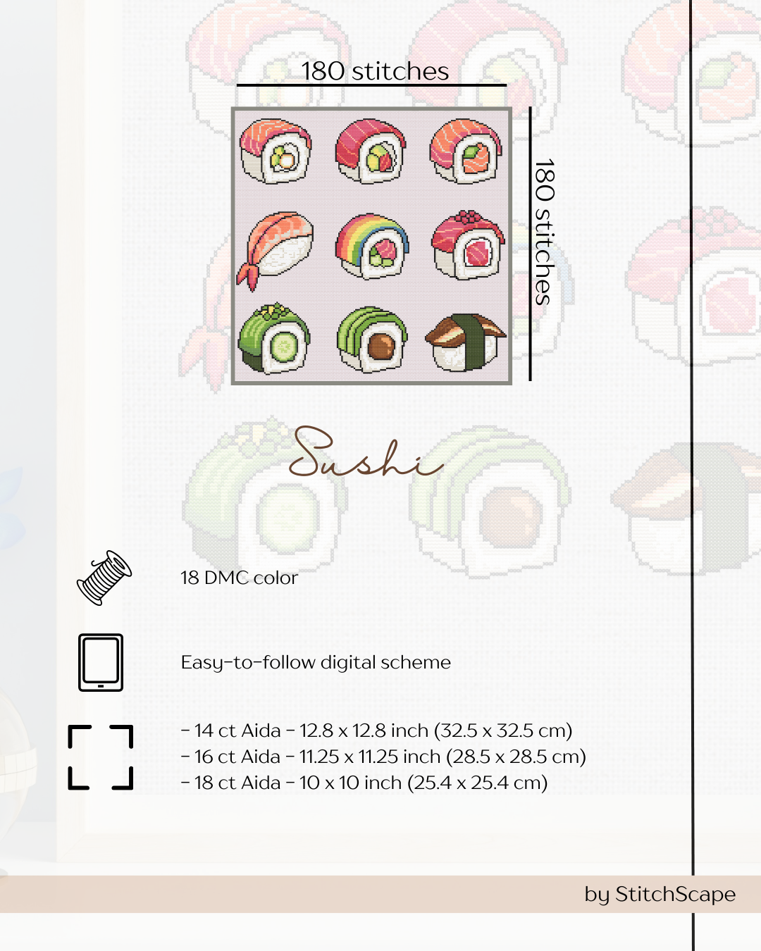 Stitching pattern for sushi-themed fabric with various sushi illustrations and text details.