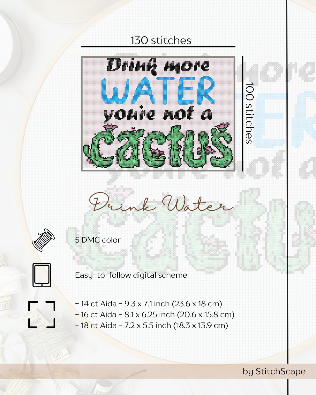 Embroidery design with 'Drink more water, you're not a cactus' text and cactus graphic on a white background.
