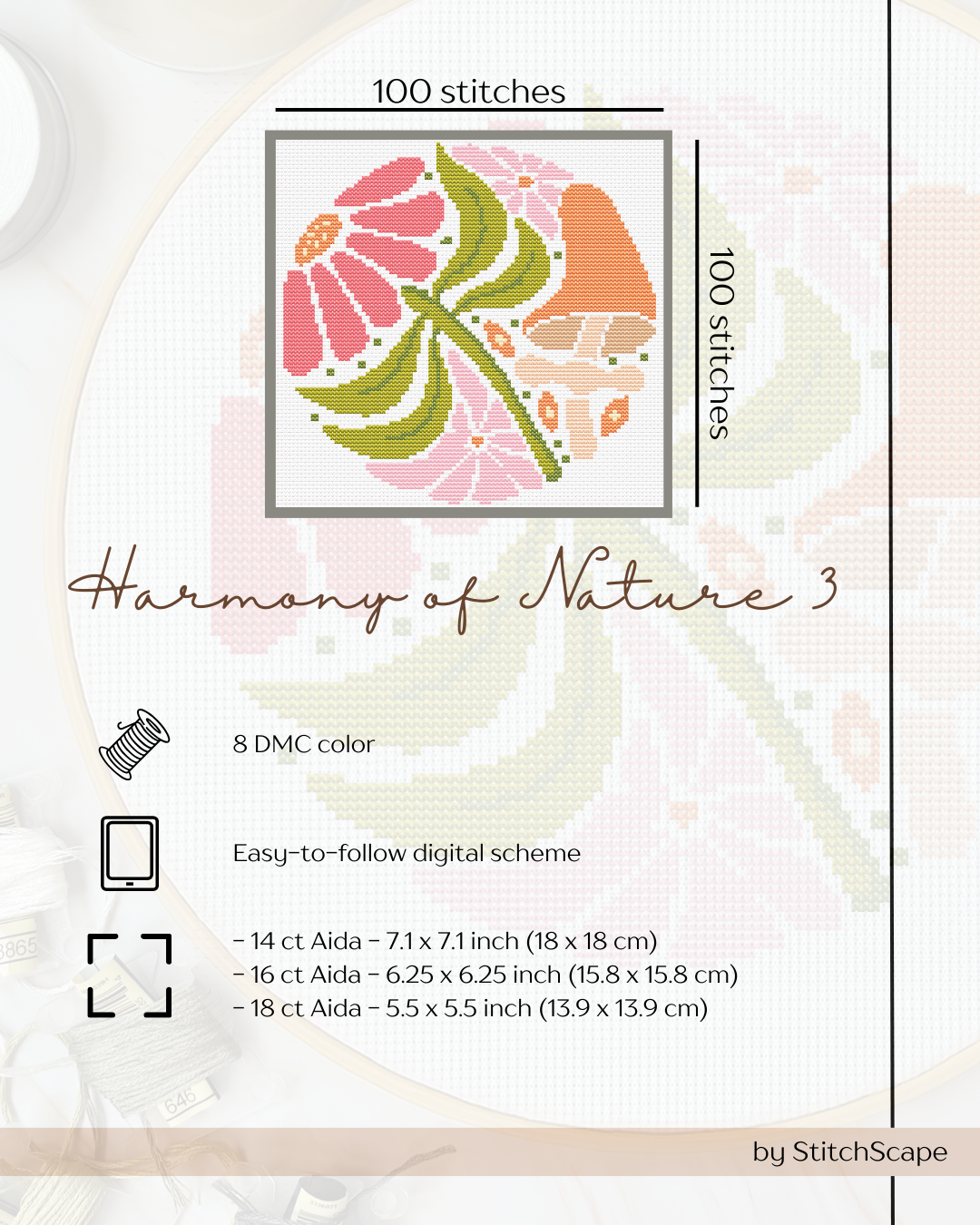 Embroidery design with floral pattern and stitching information on a white background