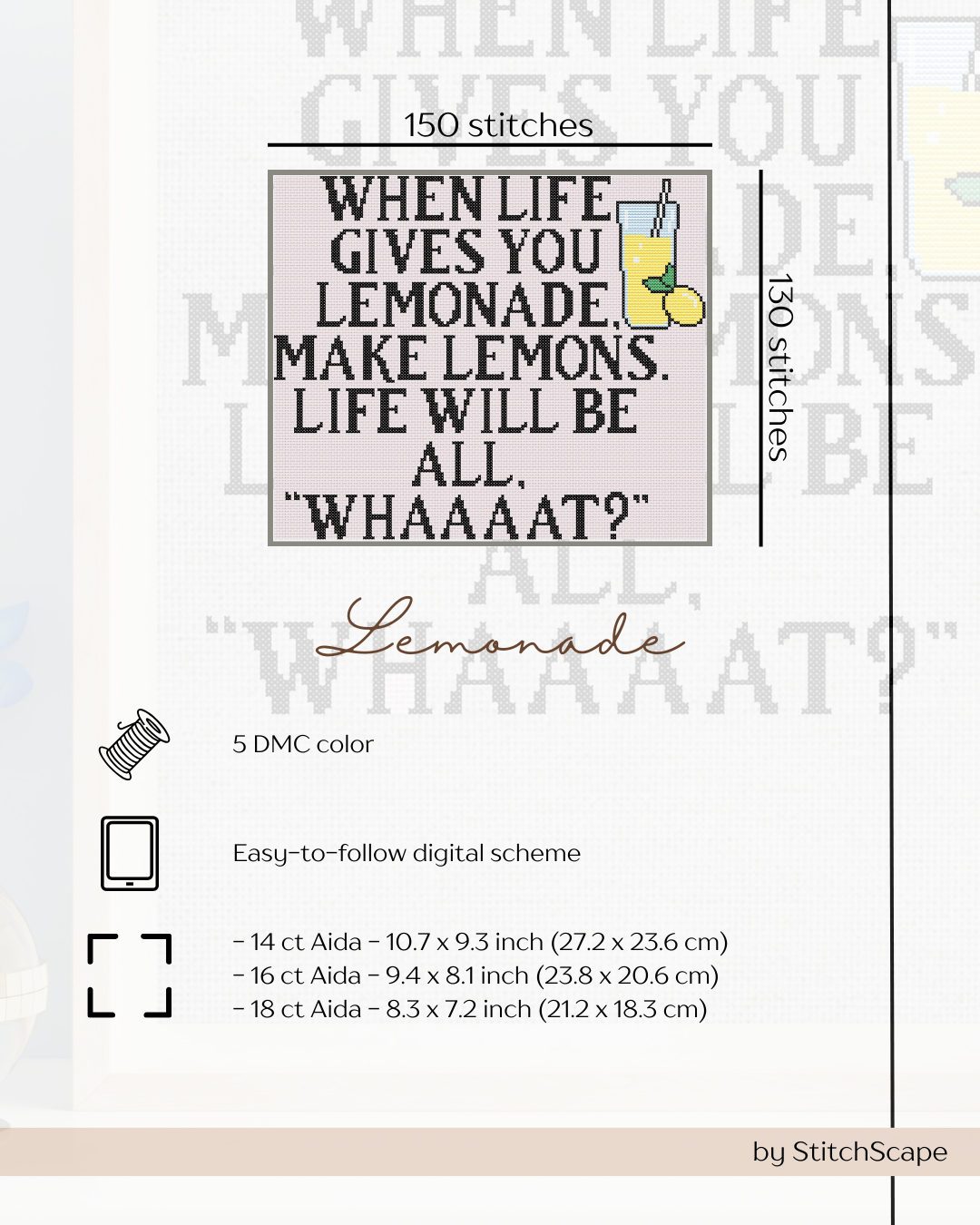 Stitch pattern with text and lemon illustration on a light background